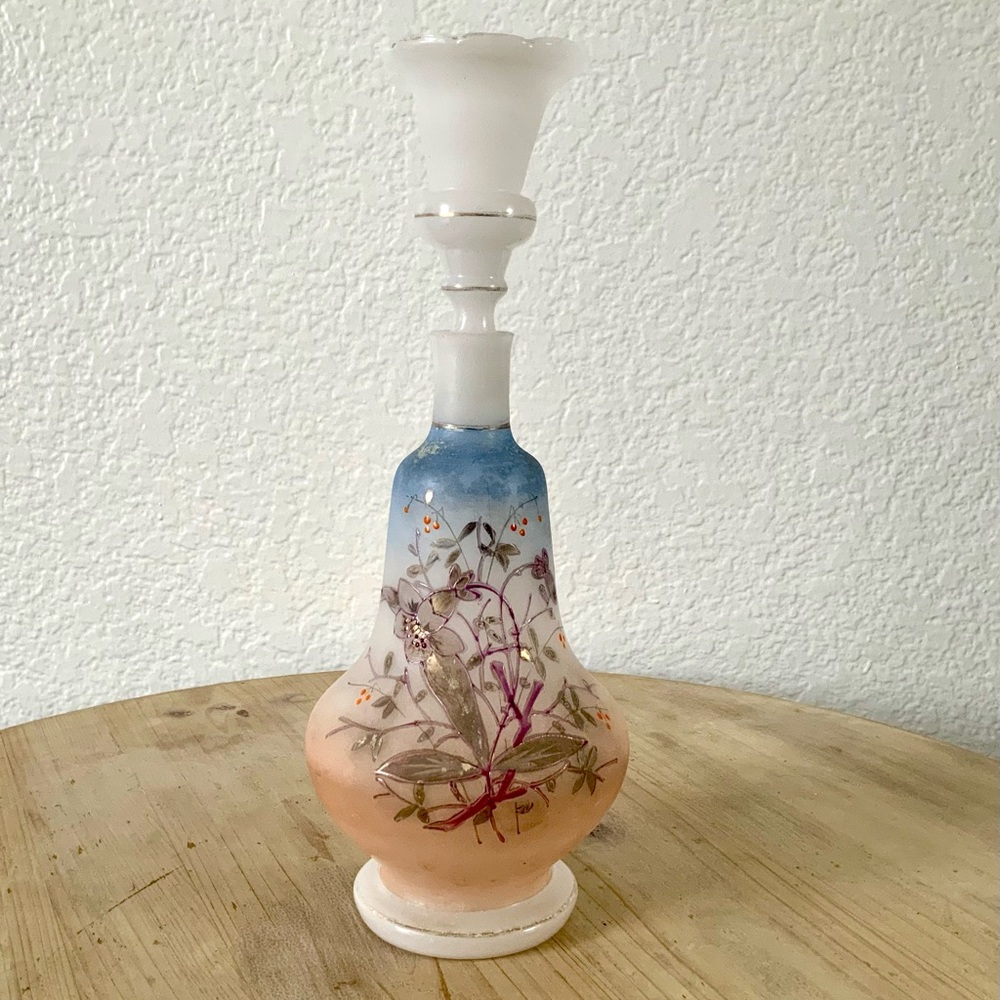 Victorian Bristol Glass Decanter, Jigger Stopper Handpainted Floral And Berries
